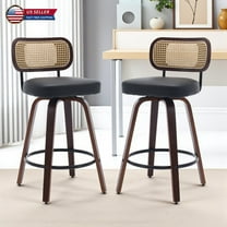 Hassch Set of 2 Upholstered Swivel Bar Stools, Faux Leather Seat with Ventilated Cane Back, Walnut Bentwood Legs & Metal Footrest, Counter Height Armless Dining Stools, Black