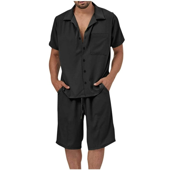 Stamzod Mens Track Suits 2 Piece Set Summer Solid Color Short Sleeve Button Down Shirt and Shorts Casual Loose Plus Size Beach Vacation Sweatsuits for Men Black L