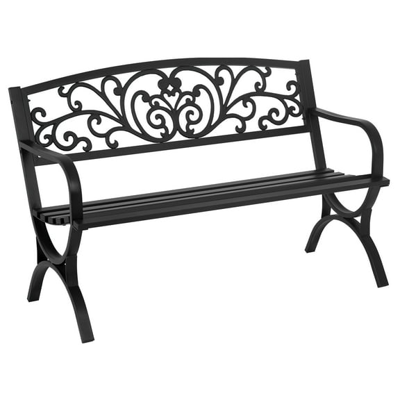 Outdoor Garden Bench, 50 Inches Cast Iron Metal Frame Patio Park Bench with Floral Pattern Backrest, Arch Legs for Porch, Lawn, Black