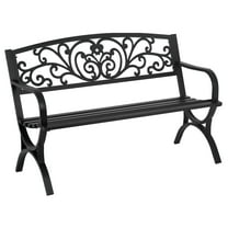 Outdoor Garden Bench, 50 Inches Cast Iron Metal Frame Patio Park Bench with Floral Pattern Backrest, Arch Legs for Porch, Lawn, Black