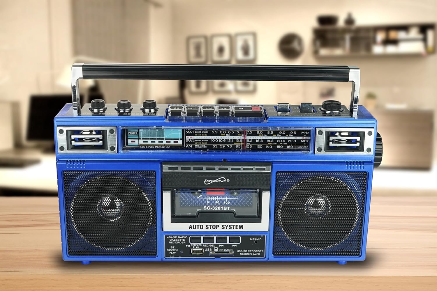 Supersonic SC-3201BT 4 Band Radio & Cassette Player Boombox, Bluetooth Speaker, AM/FM/SW Radio with MP3 Playback