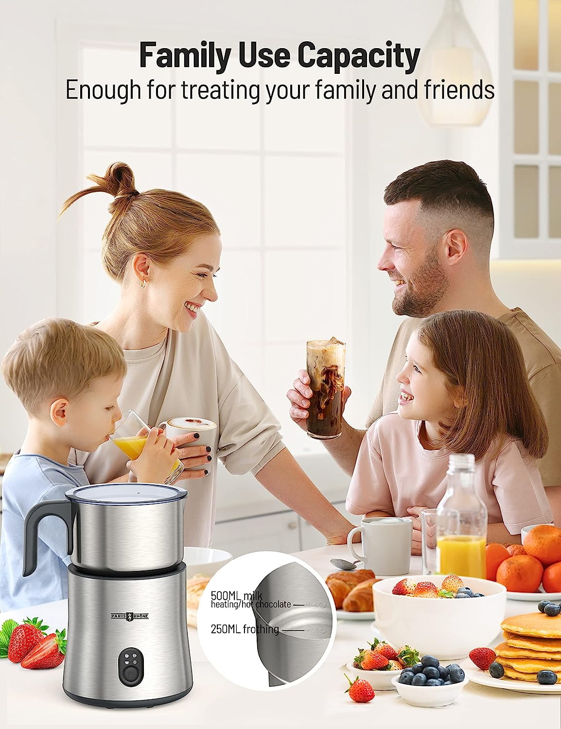  Detachable 4-in-1 Milk Frother and Steamer - PARIS RHÔNE 500ml  Hot Chocolate Maker and Electric Milk Heater with Hot & Cold Foam,  Food-Grade Stainless Steel, Dishwasher Safe : Home & Kitchen