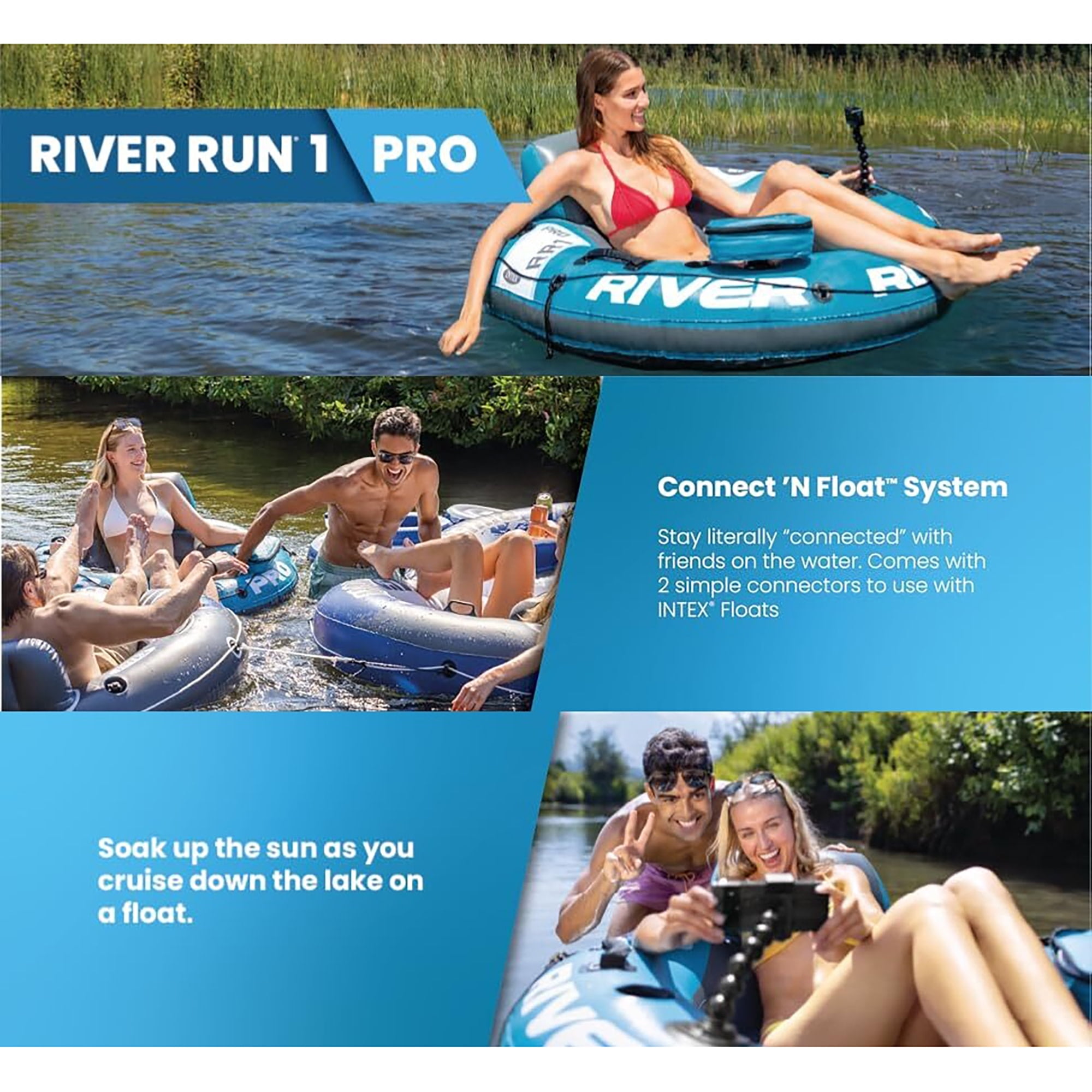 Intex: River Run 1 Pro - Teal - 55" Inflatable Tube, Floating Water Lounger, Phone Mount, Cup Holder, Storage Bag, Mesh Bottom, Backrest, 220lb Cap