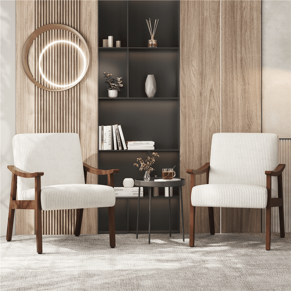 Renwick Set of 2 Corduroy Fabric Armchairs with Solid Wood Legs, Beige