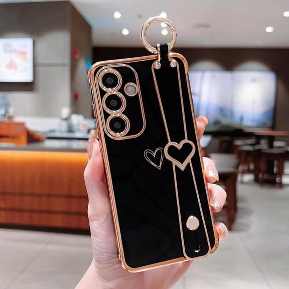 Samsung Galaxy S25 5G Case with Wrist Strap, Luxury Cute Plating Edge Love Hearts Pattern, Finger Holder Kickstand (6.2")