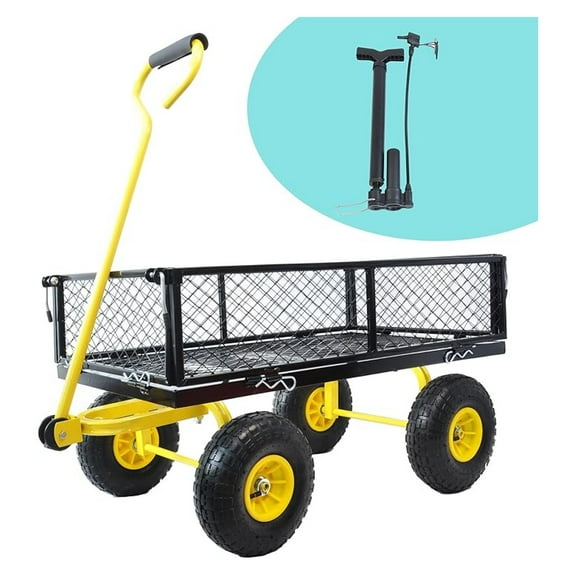 Garden Cart with Removable Sides - 660lbs Heavy Duty Utility Wagon - Yellow & Black Air Wheels - Farm, Warehouse, Yard Dump Cart for Easy Transport