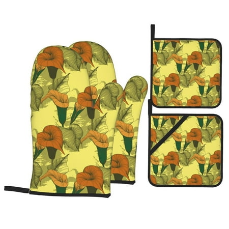 

Oven Mitts and Pot Holders Sets 4 pcs Calla Lily Flowers Yellow Non-Slip Oven Gloves Potholders Soft Quilted Lining Heat Resistant Gloves Hot Pads for Kitchen Cooking Baking