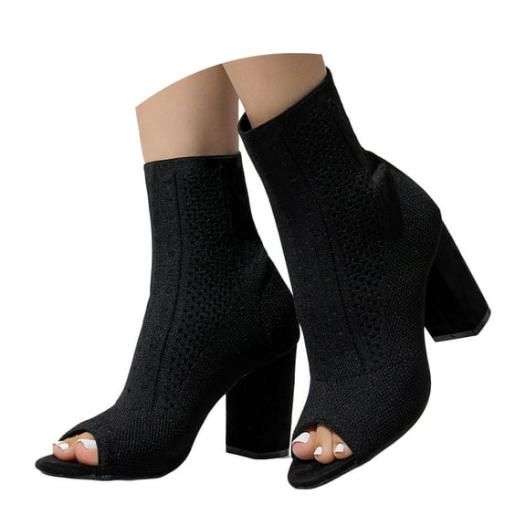 Mepaouo Peep Toe Booties for Women Knit Chunky Block Heels Sandals Casual Slip On Dress Sock Boots