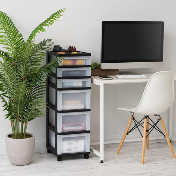6-Drawer Plastic Storage Cart Clear/Black with Organizer Top & Mobile Wheels for Home Office