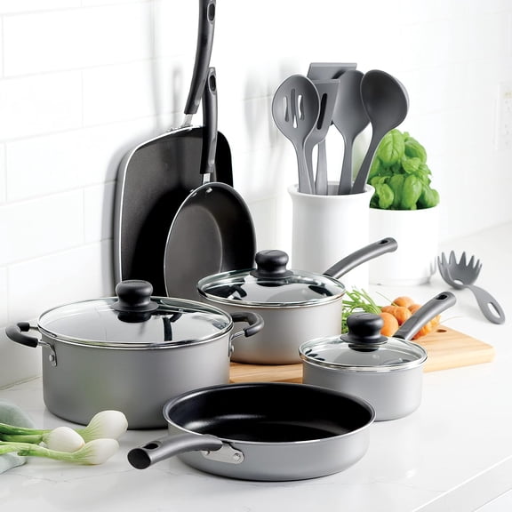 Primaware 15-Piece Non Stick Cookware Set with Lids and Utensils, Aluminum Nonstick Pots and Pans Kitchen Set (Silver)