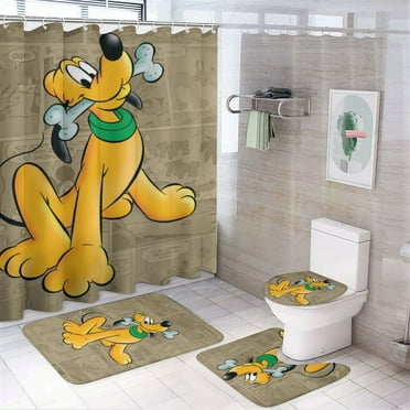 Pluto 4 Pcs Shower Curtain Sets with Non-Slip Rugs, Toilet Lid Cover and Bath Mat, Cartoon Kids Waterproof Shower Curtain with 12 Hooks, Durable Bathroom Decor 72" x 72"