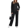thumbnail image 2 of Women's 2 Piece Lounge Set Pleated Crewneck Top and Wide Leg Pants Relaxed Casual Fleece Travel Matching Outfit, 2 of 7