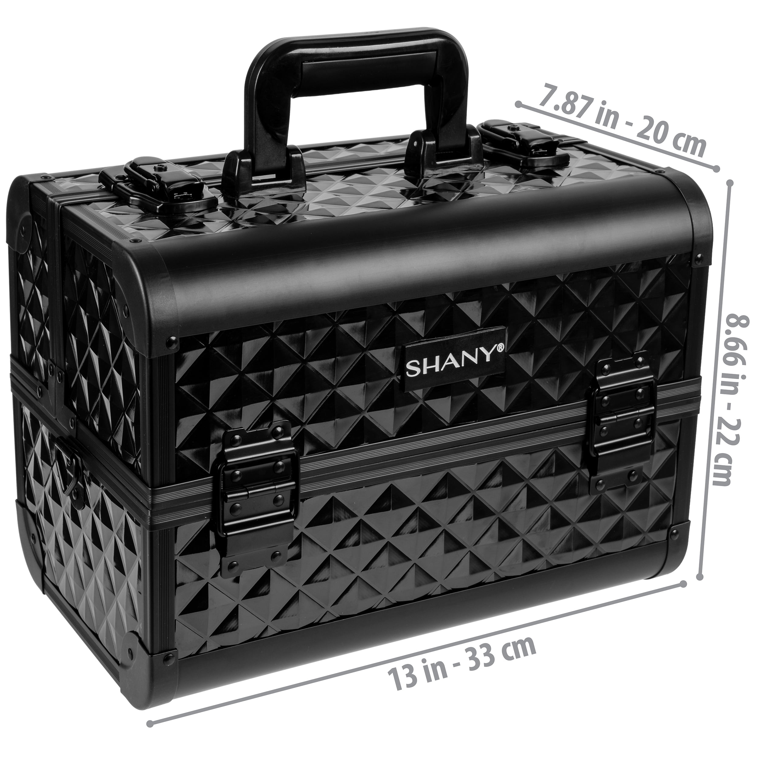 SHANY Premier Fantasy Professional Makeup Train Case Cosmetic Box Portable Make up Case Organizer Jewelry storage with Locks, 3 Trays , Makeup Brush Holder and Cosmetics Mirror - Onyx Black