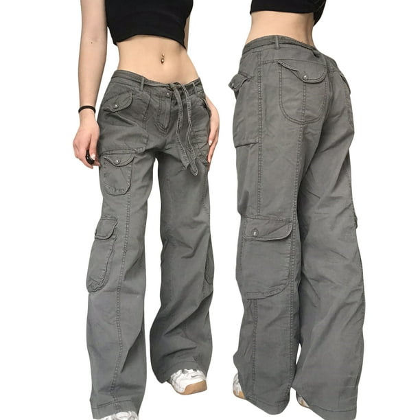 Womens Girls Low Rise Cargo Pants Straight Wide Leg Baggy Y2K Gothic ...