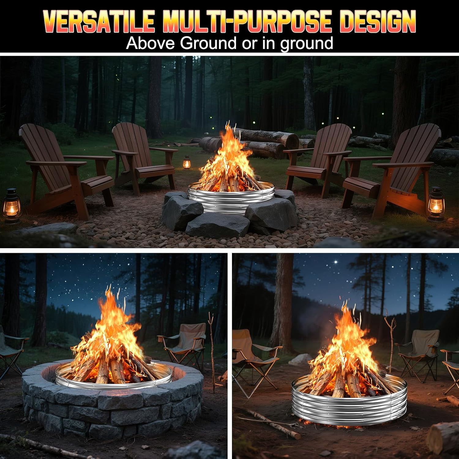 60-Inch 5-Foot Galvanized Steel Fire Pit Ring, 12-Inch Raised Heavy Duty with Spark Guard
