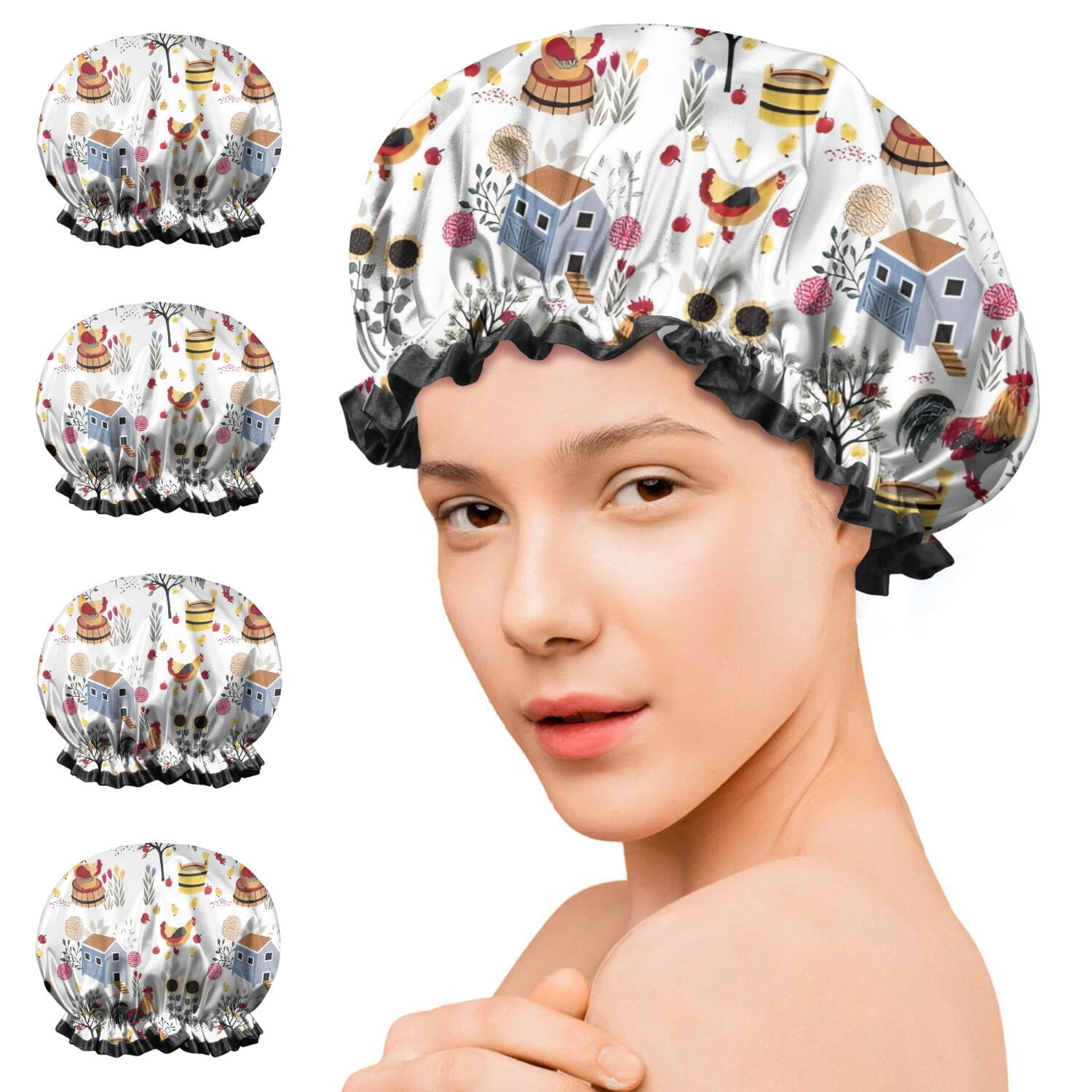 Shower Caps,White Chicken Farm Pattern Waterproof Shower Cap for Women 4 Pieces,Double Reusable Hair Cover for Shower PEVA Elastic Stretch Hem