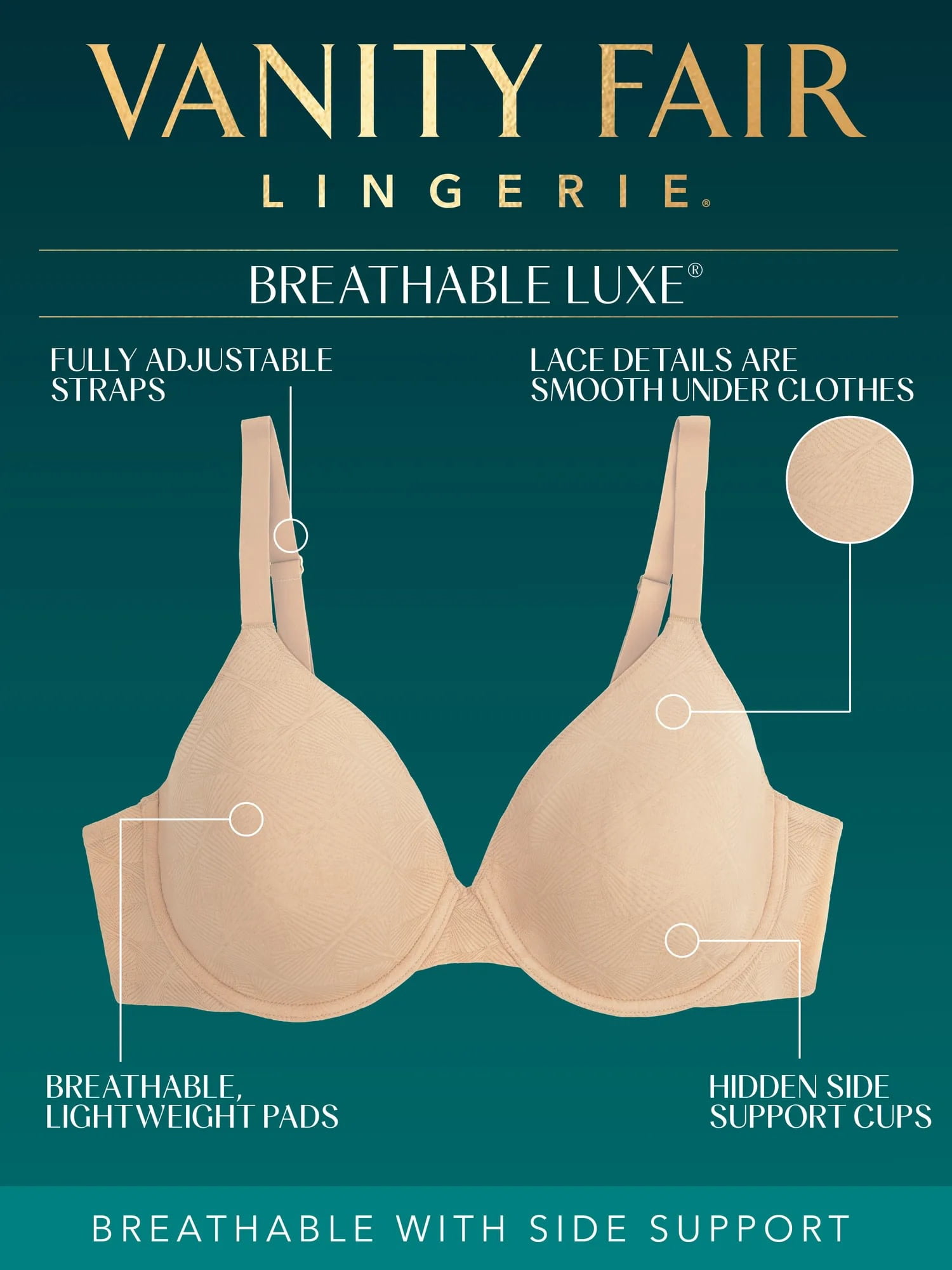 Vanity Fair Lingerie Women's Breathable Luxe Underwire Bra, Side Support, Lightweight Comfort, Style 75223