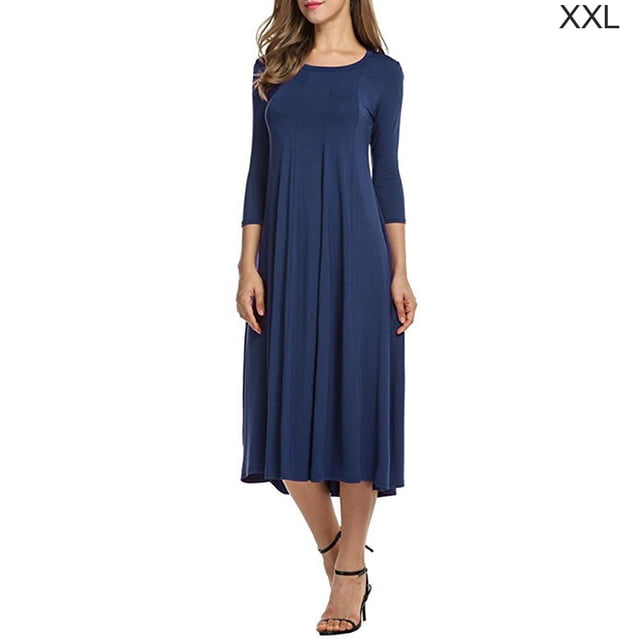 facefd Robe Femme Col Rond Costume Automne Manches Mi-Automne Grande Robe Évasée Bleu Foncé TTG