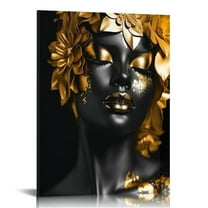 ONETECH African American Canvas Wall Art Black Women Gold Picture Prints Abstract Gold Rose Paintings for Bathroom Living Room Decor Frame (African Girl 16x20in)