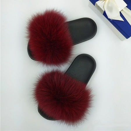 

Ameiqe Luxury Large Fluffy PU Leather Grass Women Slippers Shoes Non-slip Flat Slides Sandal(Wine Red 250mm)