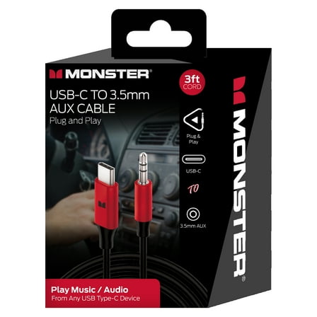 Monster MCA2-2002-BLK 3ft USB-C to 3.5mm AUX Cable Automotive/Portable Use 3 Foot Cable
