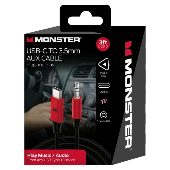 Monster MCA2-2002-BLK 3ft USB-C to 3.5mm AUX Cable Automotive/Portable Use 3 Foot Cable