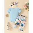 thumbnail image 5 of Elippeo Baby Girls Summer Outfit 3 6 9 12 18 Months Letter Print Short Sleeves Romper and Floral Pants Headband 3 Piece Set, 5 of 9