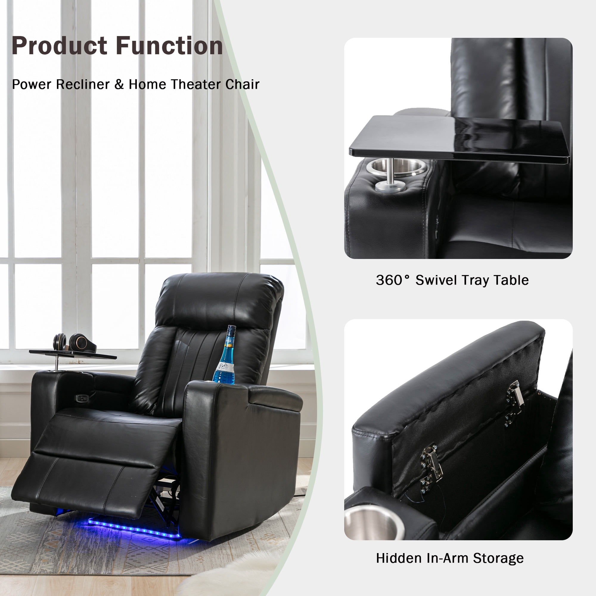 Euroco Premium Power Recliner with Storage Arms, Cupholders, Swivel Tray Table and Cell Phone Stand,Black(Old Sku:SG000451AAA&SG000710AAB)