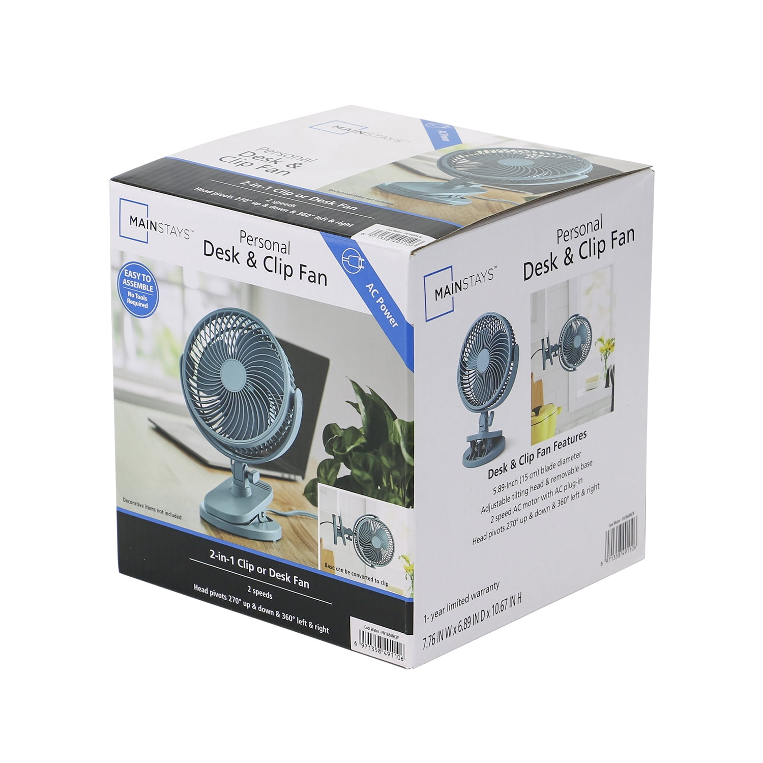 (2 pack) Mainstays 6-inch Clip-On or Desktop AC Electric Personal Indoor Fan, 2 Speeds, Cool Water