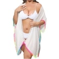 thumbnail image 2 of KIHOUT Women's White Pom Pom Trim Beach Cover Up | Plus Size Kimono Swimsuit Cover Up with Rainbow Tassels for Vacation & Casual Wear, 2 of 8
