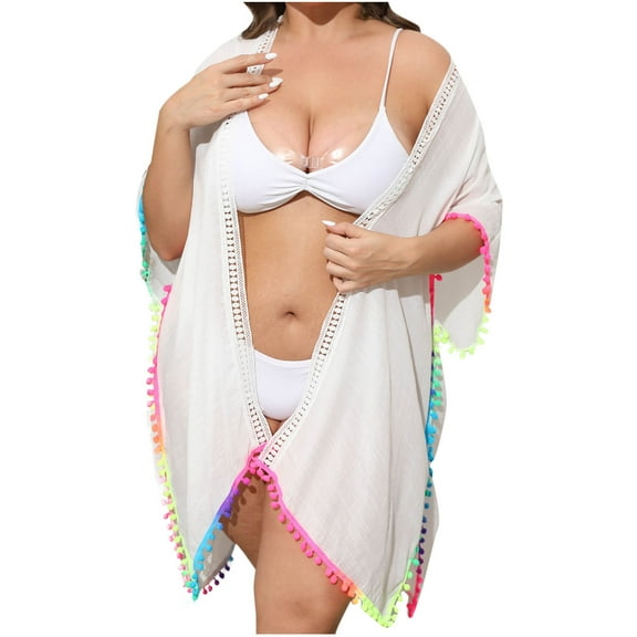 Clean Bohemian Tassels Swim Tops for Women Cover Up Crochet Hollow Knitted Kimono Cardigan Loose Open Front Beach Coverups