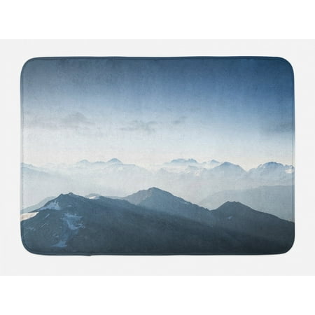 Mountain Bath Mat, Foggy Scenic Morning in Rock Mountain Region in Northern Hiking Climbing Ice Photo, Non-Slip Plush Mat Bathroom Kitchen Laundry Room Decor, 29.5 X 17.5 Inches, Pale Blue, Ambesonne