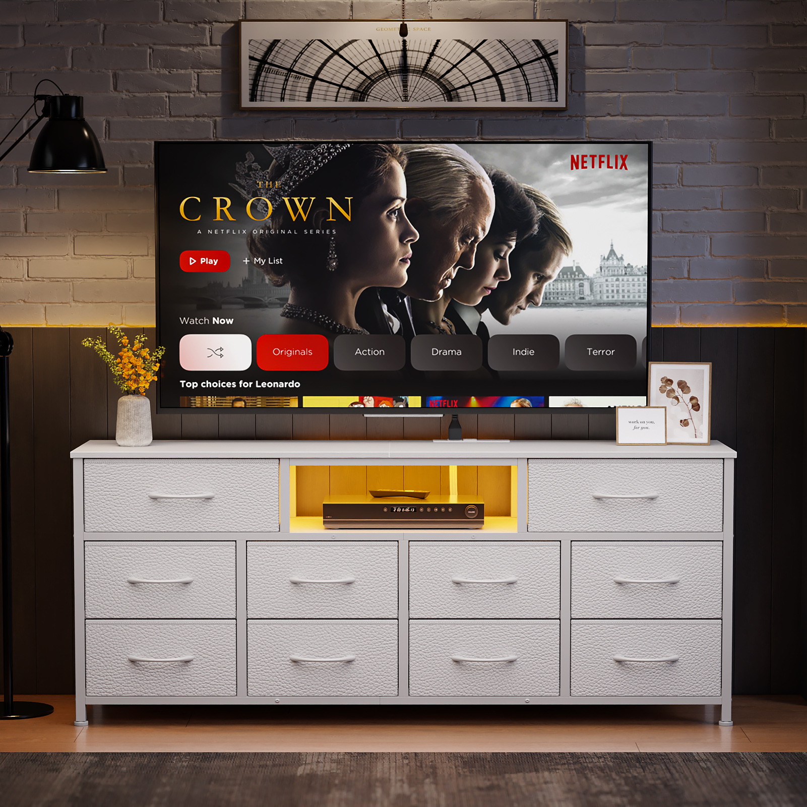 Tydimor TV Cabinet Stands for TVs up to 65", Entertainment Center with Outlet & LED, Media Console Table with 10 Drawers for Living Room, White