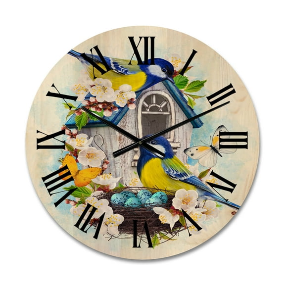 Designart 'Two Tit Birds Sitting Near The Nest With Eggs and White Flowers I' Traditional Wood Wall Clock