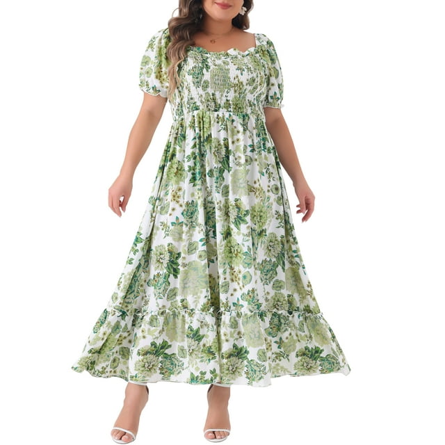 GRACE & GRANDEUR Robe Maxi Bohème à Fleurs pour Femme Grande Taille, Manches Courtes, Encolure Carrée, Smockée, 1X Vert