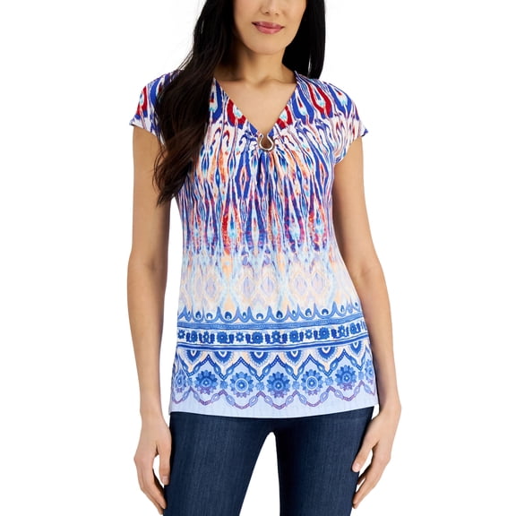 JM Collection Womens Ikat Print Ring Top Deep Cobalt Combo M