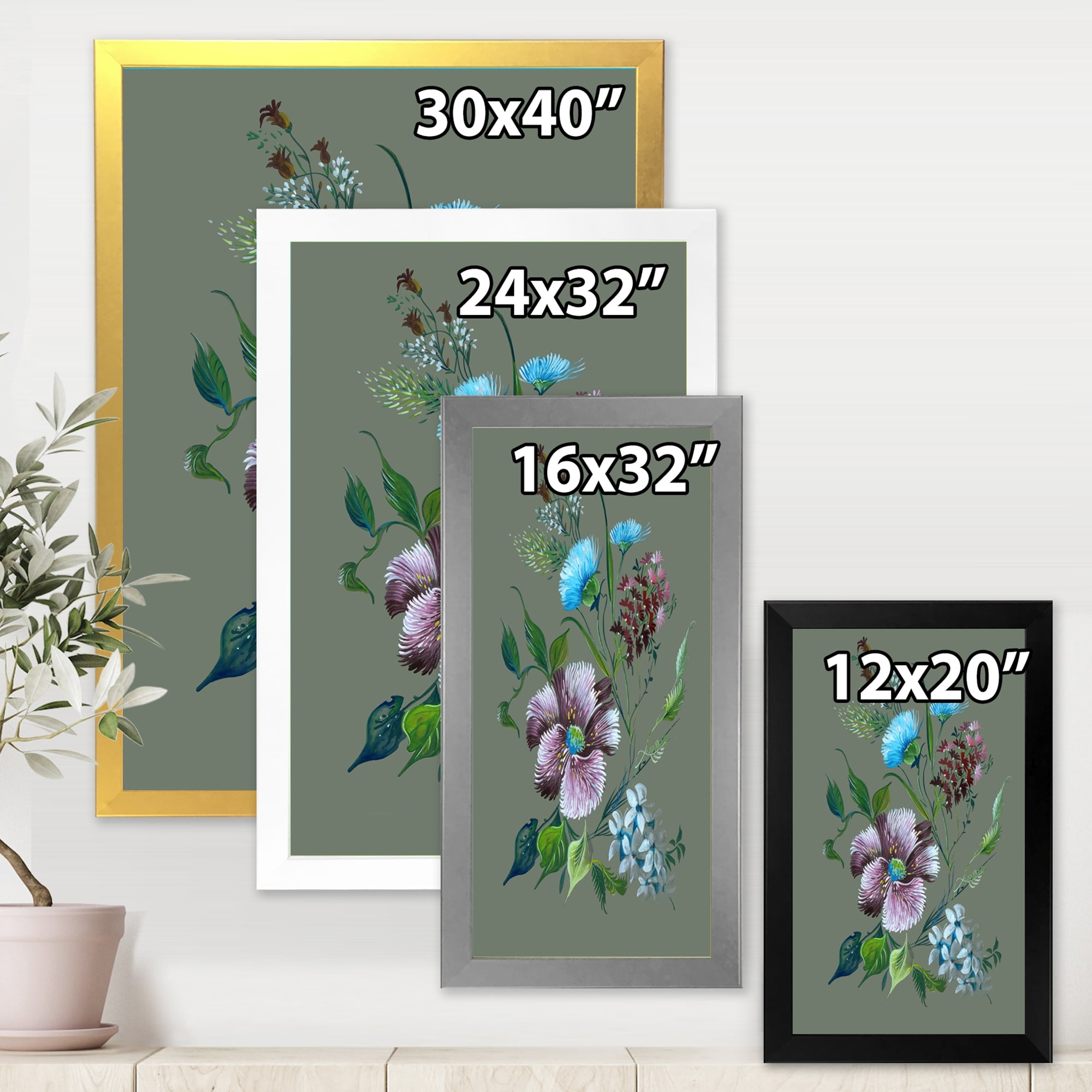 Turquoise and Purple Spring Flowers 24 in x 32 in Framed Painting Canvas Art Print, by Designart