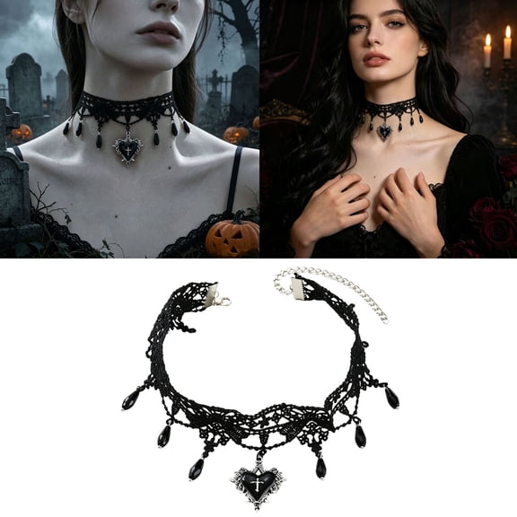 Leeye Witch Figure White Lace Gothic Choker Necklace For Red Heart Pendant Teardrop Bead Tassel Collar Jewelry Halloween Dark Pun Cosplay