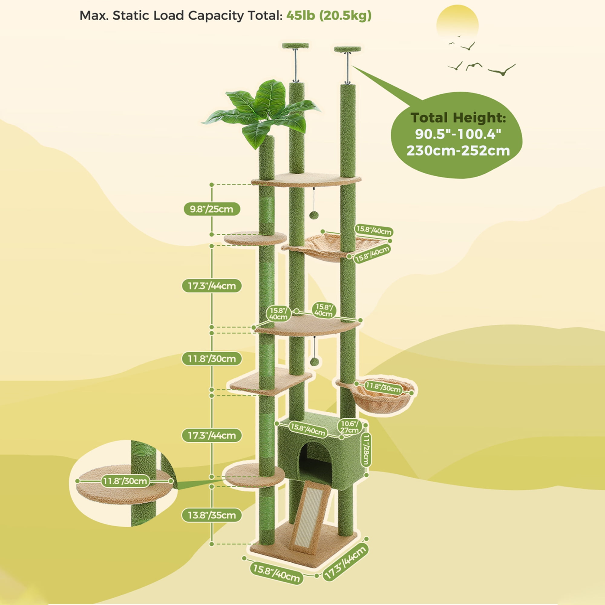 Kadyn Floor to Ceiling Cat Tree Tower Ajustable Height (90.5''~100.4'') 6 Tiers Cactus Cat Tree House with Cat Condo Hammock and Sisal Covered Post for Indoor Cats, Green