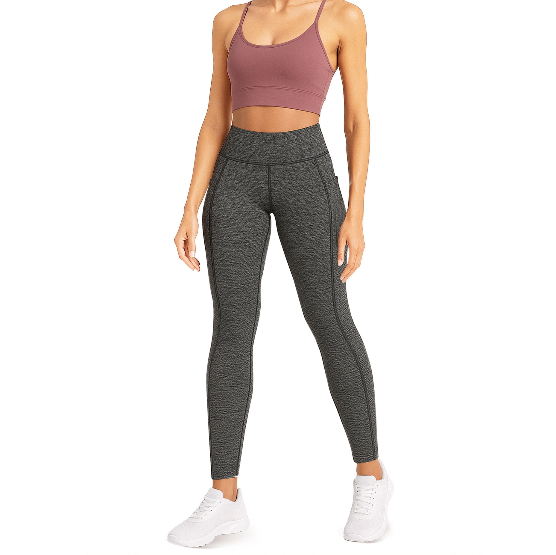 GymCope Leggings for Women, High Waist Womens Pants with Deep Side Pockets, Non-See-Through Workout Yoga Pants, Ankle Length Black+Gray M