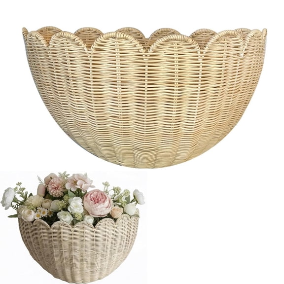Scalloped Wall Basket Tutuviw Hand Woven Hanging Wicker Baskets Set, Decorative Wall Storage Organizer for Home, Bathroom, Kitchen, Living Room (14 x 6 x 8 Inch)