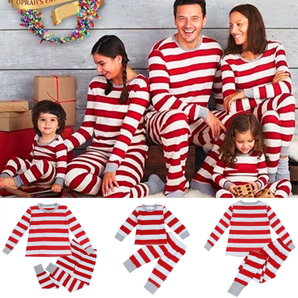 Christmas Family Matching Striped Sleepwear Outfits Cotton Pajamas Set XMAS Gift