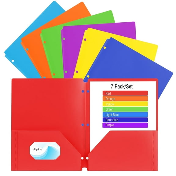 7 Colorful Plastic Folders with 2 Pockets and 3 Holes  – Two Pocket Folder Set for School, Binder Use – With Card Slot, Durable Poly Material