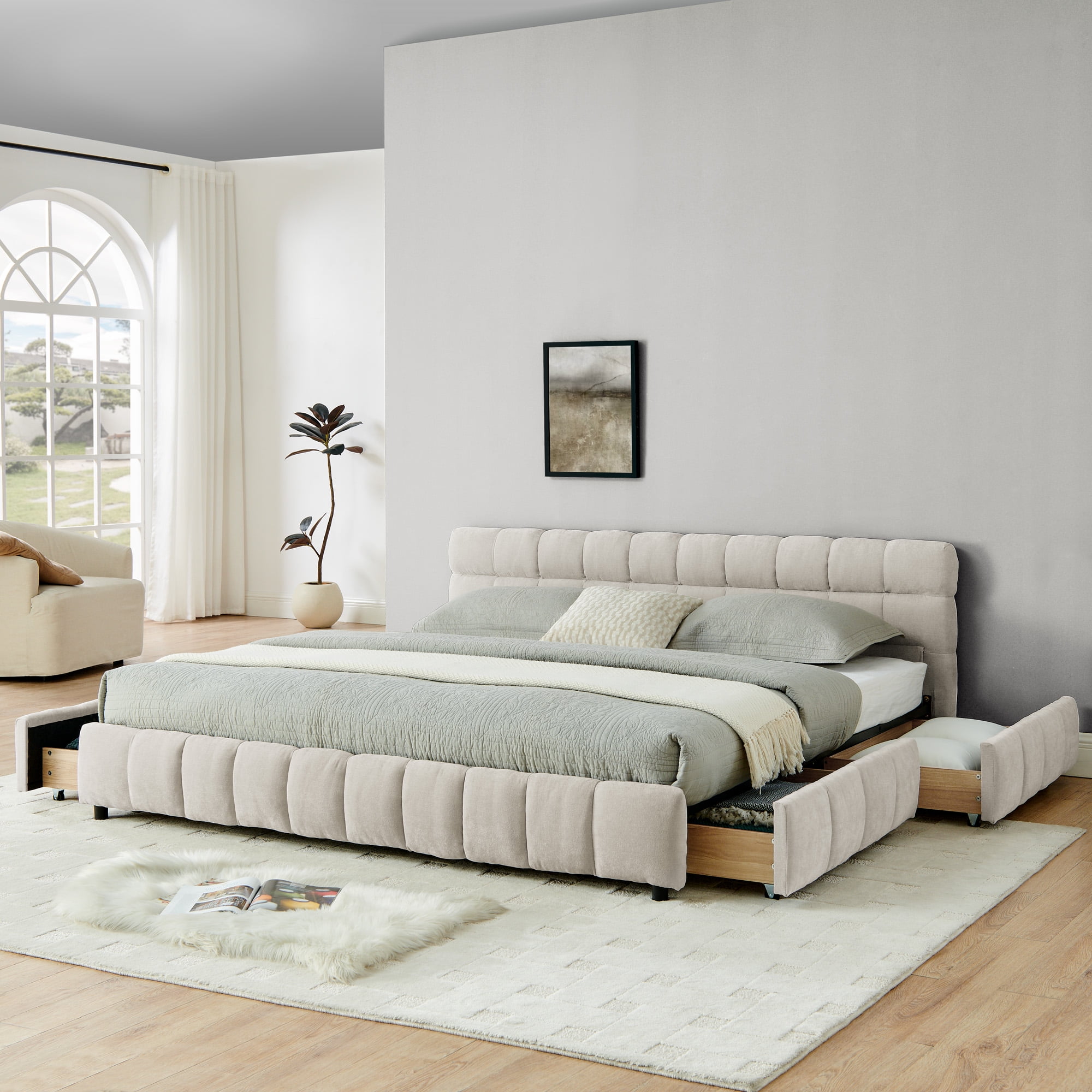 Gewnee King Size Upholstered Bed, Chenille Fabric, Solid Frame with Headboard and Storage Drawer, Bedroom, Beige