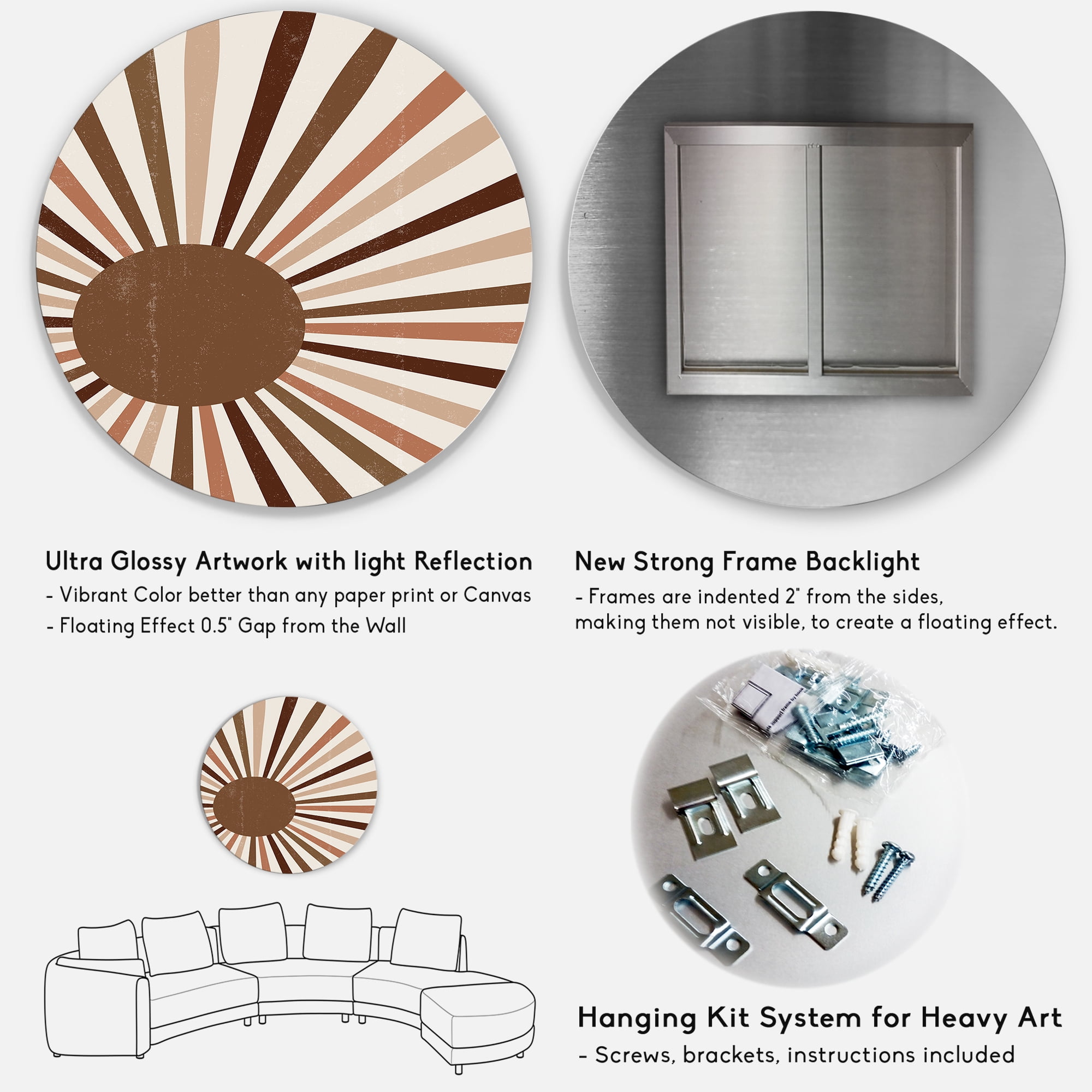 Designart 'Bright Minimalist Shining Terracotta Sun Rays' Modern Circle Metal Wall Art 11x11 - Disc of 11