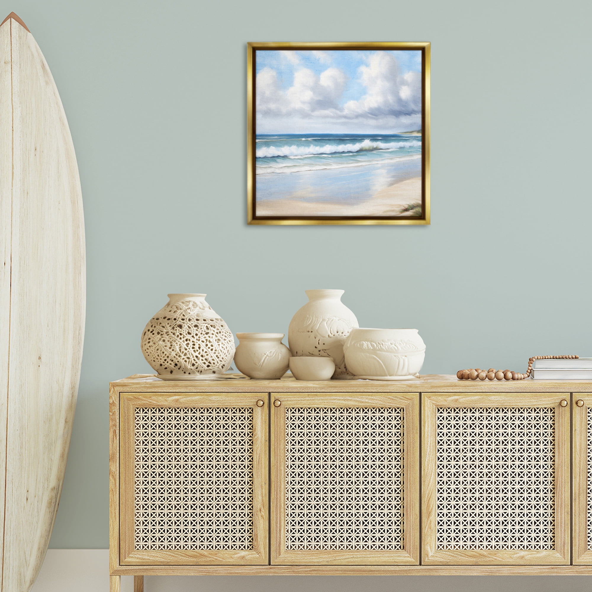 Stupell Industries Sand Walk Ocean Waves Landscape Painting Gold Floater Framed Canvas Art Print Wall Art, 25 x 25