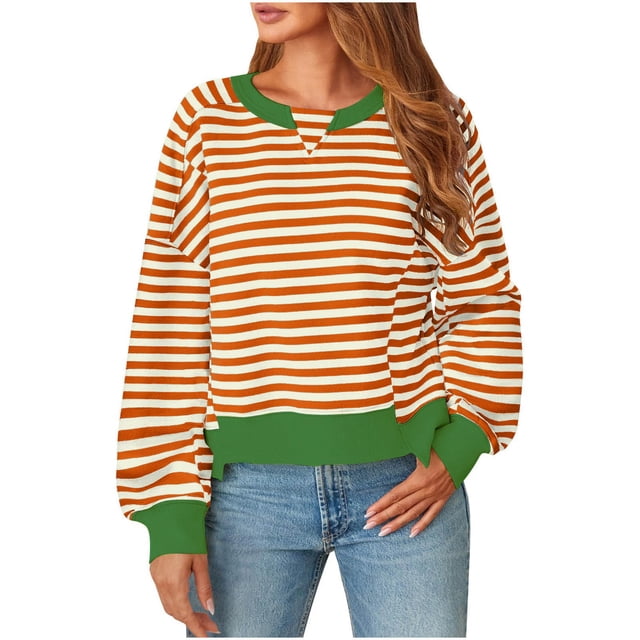 WEAIXIMIUNG Robe Chandail Femme Grande Taille Femme Col Rond Chandails Légers Manches Longues Rayé Imprimé Ample Chandail à Enfiler Chandails Haut Blouse