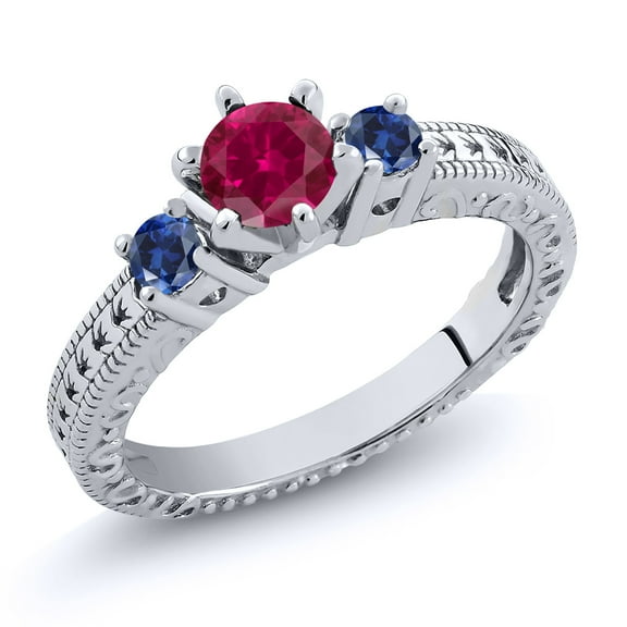 Gem Stone King 1.28 Ct Round Red Created Ruby Blue Created Sapphire 925 Sterling Silver Ring (Size 7)
