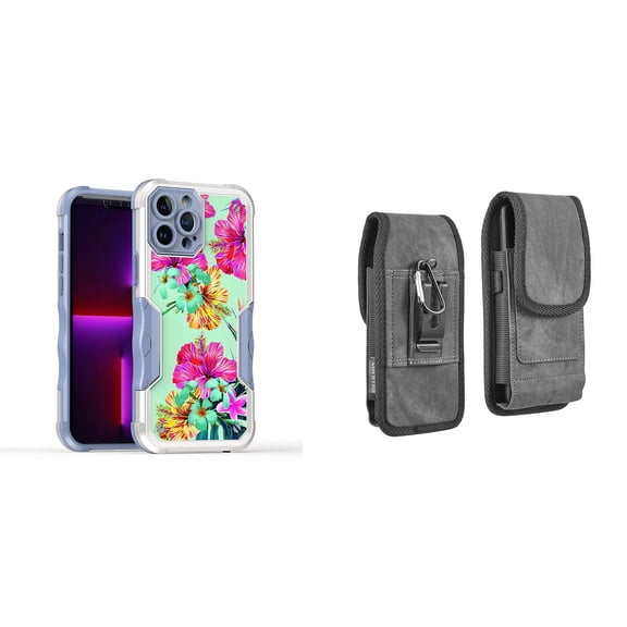 Case and Pouch Bundle for iPhone 14: Heavy Duty Armor Rugged Case (Teal and Pink Hibiscus Flower) and Vertical Rugged Denim Nylon Belt Holster