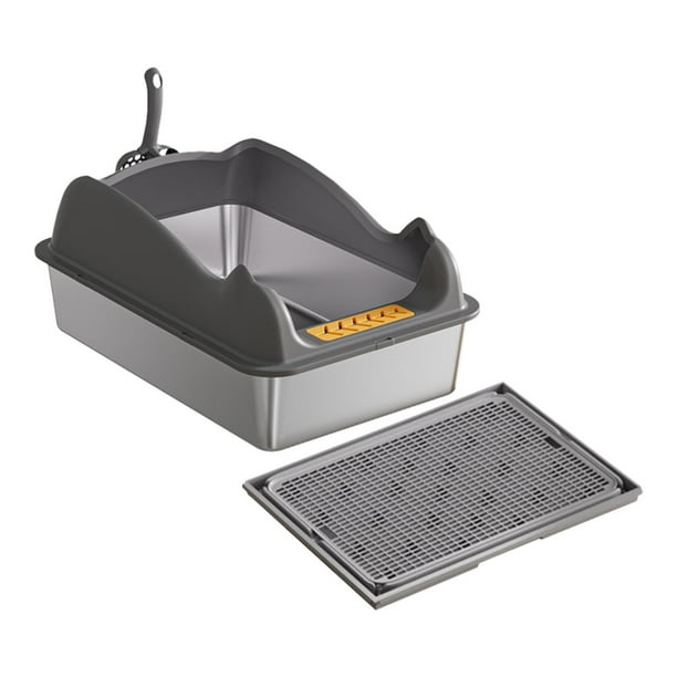 Caja de arena abierta Bandeja de arena para mascotas con parte superior abierta Entrada baja Gran capacidad Portátil para gatos Gris intenso con tapete